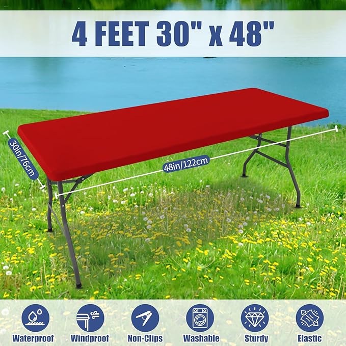 Spandex Picnic Table Cloth 2 Pack, Elastic Fitted Tablecloths for 4 Foot Rectangle Tables, Stretch Washable Patio Table Cover for Camping, Christmas & New Year Parties (Red, 30"x48")