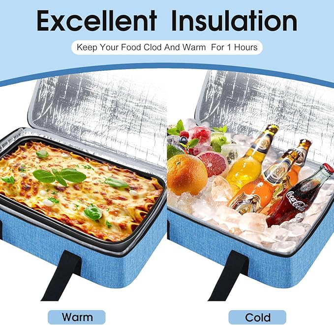 Insulated Casserole Carrier, Portable Casserole Carrier for Hot or Cold Food Lunch Tote Warmer or Cooler Bag, Lasagna Lunch Bag for Potluck Parties- Fits 9" x 13" Baking Dish-Azure