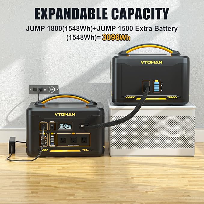 VTOMAN 3096Wh Portable Power Station Bundle with Extra Battery & 200W Solar Panel Included - Up to 3600W Solar Power Generator for Home Backup, Off-grid, Road Trip, RV, Camping, Fishing, Emergency