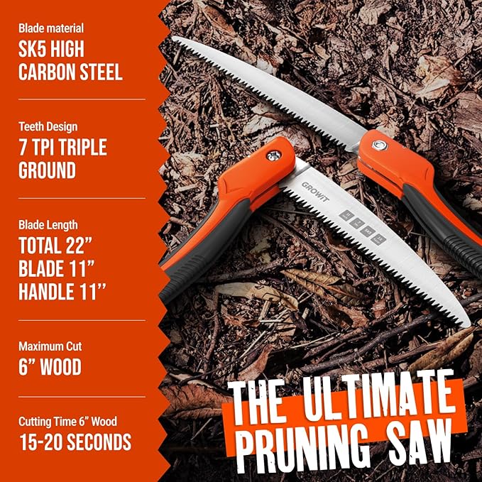 GROWIT Folding Camping saw 11 Inch - Heavy Duty Pruning Saw with Triple-Cut SK5 Blade, 7 TPI Razor Teeth for Tree Trimming, Wood Cutting, Camping, Bushcraft, and Gardening