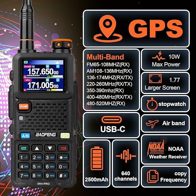 BAOFENG 5RH PRO GPS 10W Tri Band Ham Radio Long Range Handheld Two Way Radio,640CH,NOAA Weather Receiver,Walkie Talkies with Earpiece,USB-C Rechargeable 2500mAh Battery,Upgrade of baofeng 5RM,2 Pack