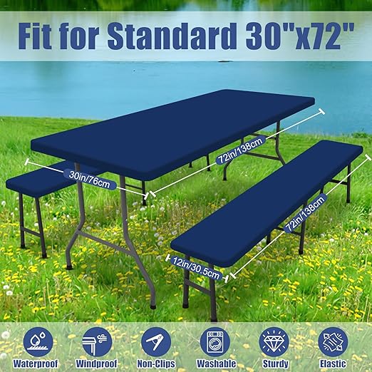 Picnic Table Cover with Bench Covers, Elastic Fitted Spandex Tablecloths for 6 Foot Rectangle Tables, Stretch Washable Patio Tablecloth for Outdoor, Camping (Navy, 30"x72")