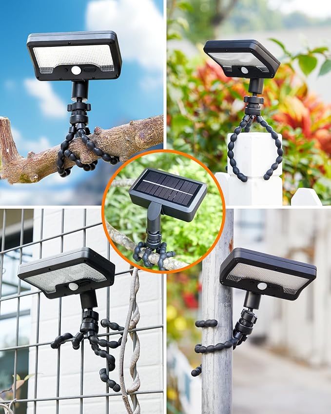 Solar Motion Lights Outdoor,600LM Motion Sensor Solar Light with Flexible Octopus Tripod,Dual Charging,Outdoor Sercurity Lights for Deck Fence, Garden,Camping,Patio (Black, 1)