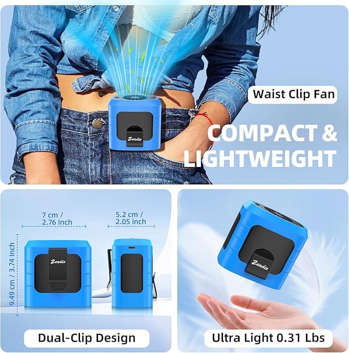 Zeadio Portable Waist Clip Fan, 4 Speeds 10000mAh Operated Hands-free Wearable Necklace Fan, with Lighting and Charging Function for Hot Flashes Home Office Travel Outdoor Sports - Blue