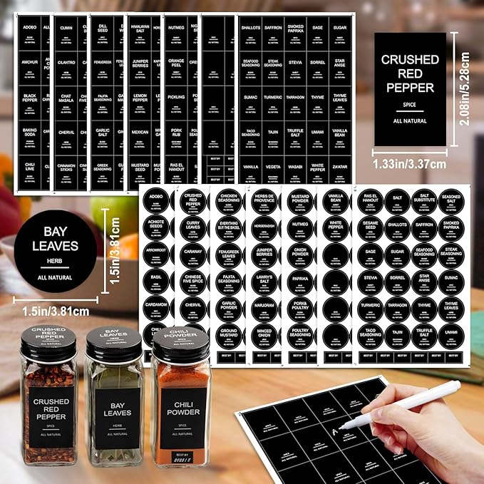AISIPRIN 24 Pcs Glass Spice Jars with 398 Labels, 4oz Empty Square Spice Containers Seasoning Bottles - Shaker Lids, Funnel, Brush and Marker Included(Black Metal Caps)