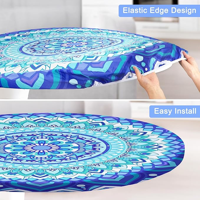 Round Tablecloth Fitted Elastic Table Cover Waterproof Table Cloth for Dinner, Party, Picnic,Camping, Round Table Cover for Indoor Outdoor