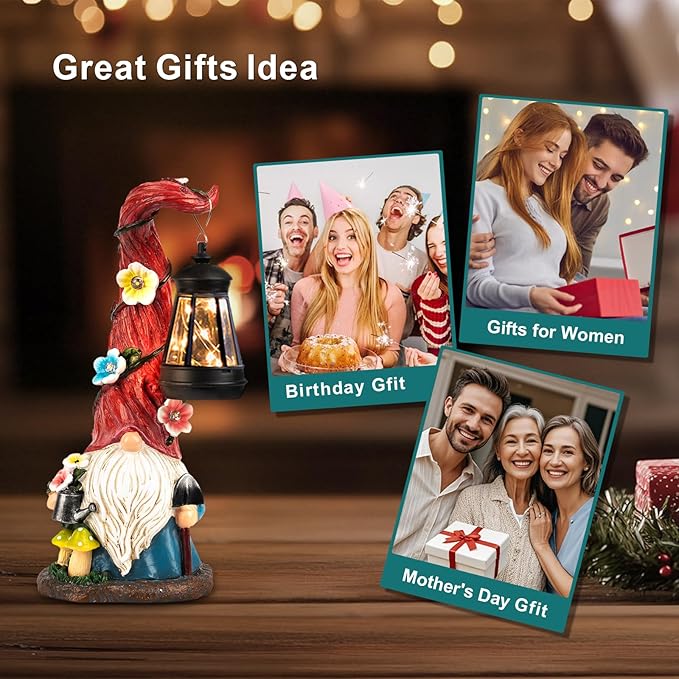 Solar Gnome Garden Statue Lights Gnome Figurine with Solar Lantern, Outdoor Garden Waterproof Ornaments Decorations for Yard Lawn Patio – Ideal Gift for Women Mom Grandma