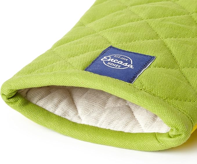 Encasa XO Heat Resistant Cotton Oven Gloves Mitts (2 Pc Set) - Quilted & Safe 12x7 in - for Kitchen, Cooking & Baking, Grilling, Handling Hot Pots & Pans - Lime Green
