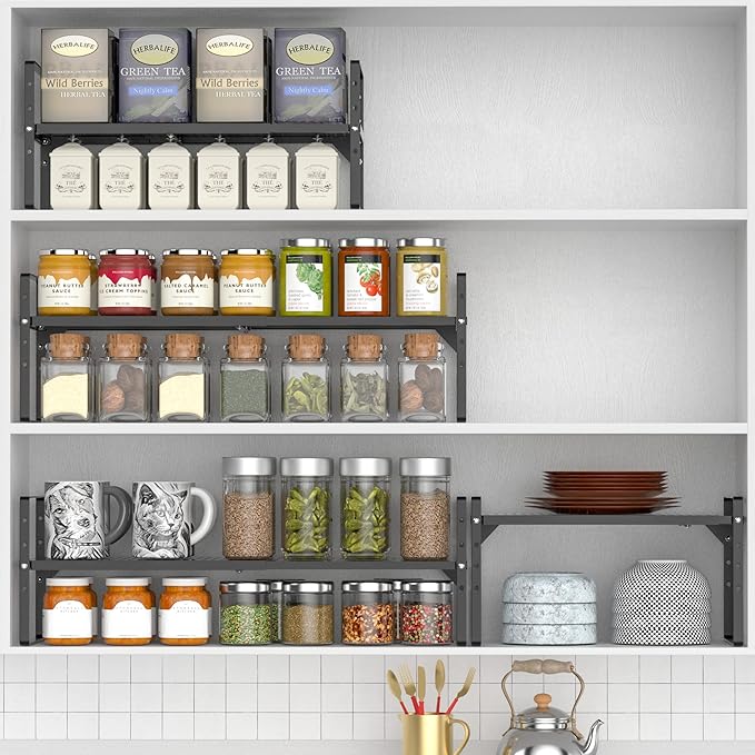 Redrubbit Expandable Cabinet Storage Shelf, Adjustable Height Steel Metal Kitchen Counter Organizers Shelves Spice Rack for Kitchen Pantry Bathroom Cupboard Desk Home Office, Black-2 Pack