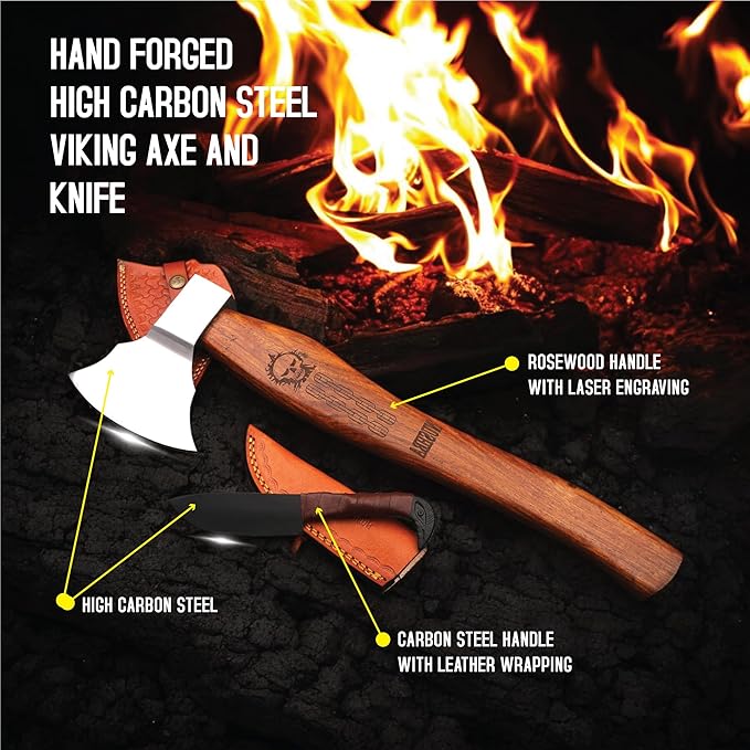 Bearded Viking Axe with Gift Viking Knife Also Leather Sheath | HandForged Carbon Steel bushcraft Hatchet | Vikings Heaven Valhalla (Throwing, Camping, Splitting, Chopping, Hiking) (Axe - 01)