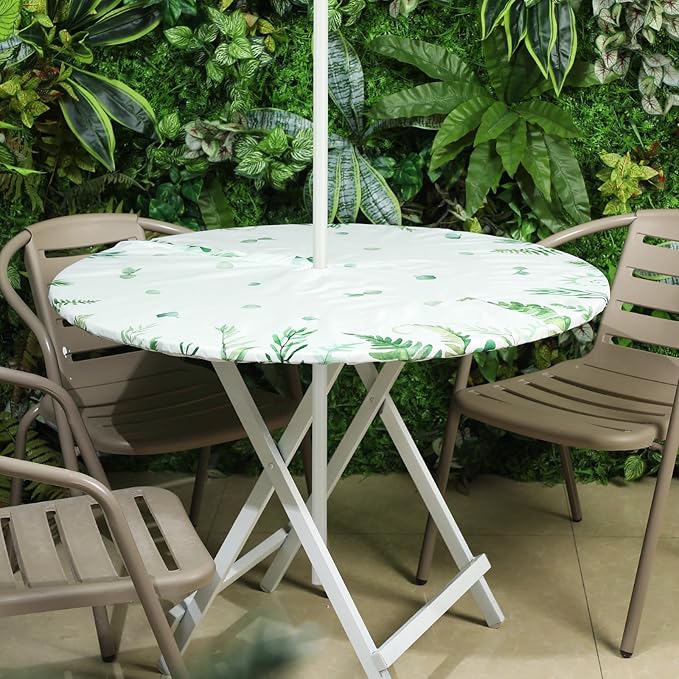 2 Pcs Round Outdoor Tablecloth with Umbrella Hole - Anti-Wrinkle Polyester Tablecloth with Elastic Zipper Table Cover for Summer Patio Camping Party(45''-53'',Leaf and Floral)