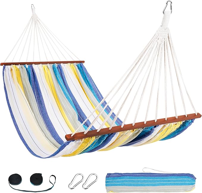 Lazy Daze Hammocks Cotton Fabric Spreader Bar Hammock, Outdoor Portable Hammock with Carrying Bag & Tree Straps for Bedroom, Patio, Backyard, Balcony, Max 450lbs Capacity, Blue & Yellow
