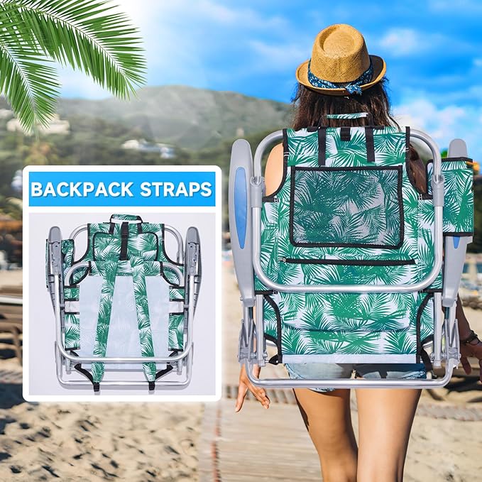 2 Pack Lightweight Portable Camping Beach Chair for Adults, Outdoor Lay Flat Folding Beach Chairs with 4 Positions, Backpack Beach Chair with Towel Bar, Cooler Pouch, Cup Holder, Green Leaves