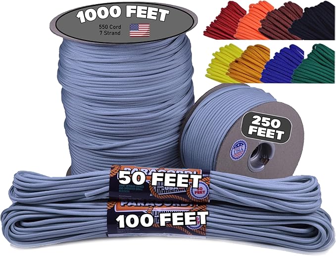 BORED? PARACORD! 550 lb Paracord - Ideal for Crafting, Camping, DIY Projects, Active & Military Outdoors - Strong Survival Rope - Tactical Parachute Cord Type III - Silver 1000 Feet