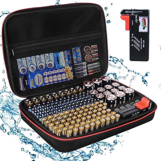 Battery Organizer Holder Storage Case with Tester,Waterproof Carrying Case Bag,Battery Vault Box for Garage Organization Holds 199+ Batteries AA AAA C D 9V (Batteries are Not Included)