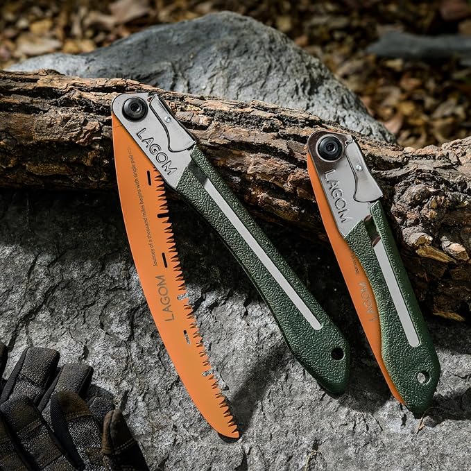 LAGOM Folding Camp Saws for Cutting Branches – 2 Pack (11.4" & 8.2") | SK5 Steel Blades, Ergonomic Handle, Secure Lock | Foldable Tool for Camping, Gardening, Survival, Kayaking, Outdoors