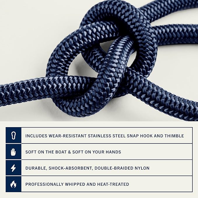 RainierSupplyCo Boat Anchor Rope - Double Braided Marine Rope Anchor Line - 50 ft x 3/8 Inch Nylon Boating Line with 316 Stainless Steel and Heavy Duty Marine Grade Bow Shackle - Navy Blue