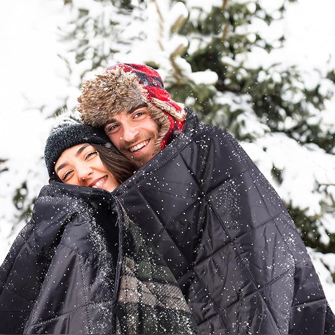 DUKUSEEK Waterproof Stadium Blanket, Hooded Outdoor Blankets Waterproof Windproof for Cold Weather, Emergency Warm Blanket with Quilted Cotton and Thick Fleece for Picnic, Camping, Outdoor Sports…