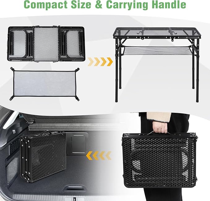 RedSwing Tri-fold Folding Picnic Table, Lightweight Height Adjustable Aluminum Frame Table with Mesh Layer for Outdoor Camping Picnic BBQ, Black