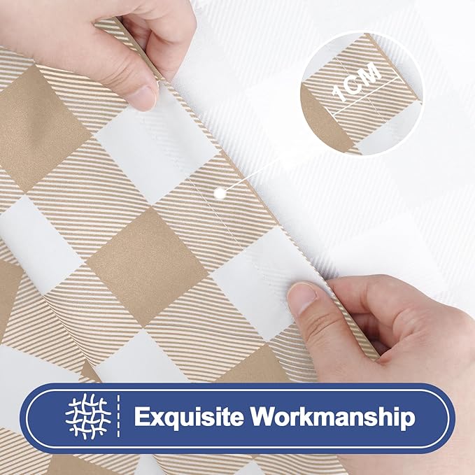 Smiry Picnic Table Cover with Bench Covers, Waterproof Elastic Fitted Tablecloths for 8 Foot Rectangle Tables, Washable Buffalo Plaid Tablecloth for Camping, Outdoor (Khaki & White, 30"x96")