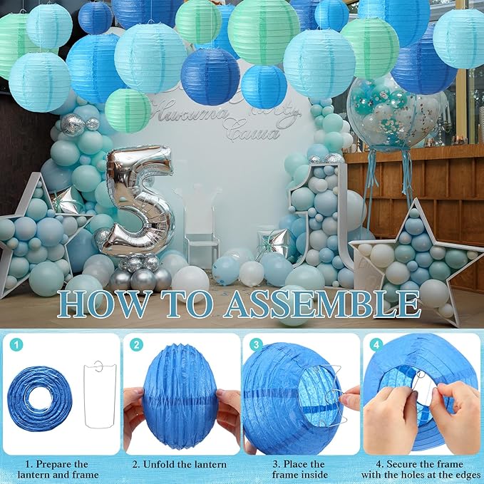Treela 48 Pcs Paper Lanterns Party Decorations Chinese Round Paper Lanterns 4/6/8/10 Inch Asian Hanging Lamps Decorative for Birthday Party Supplies(Blue Series)