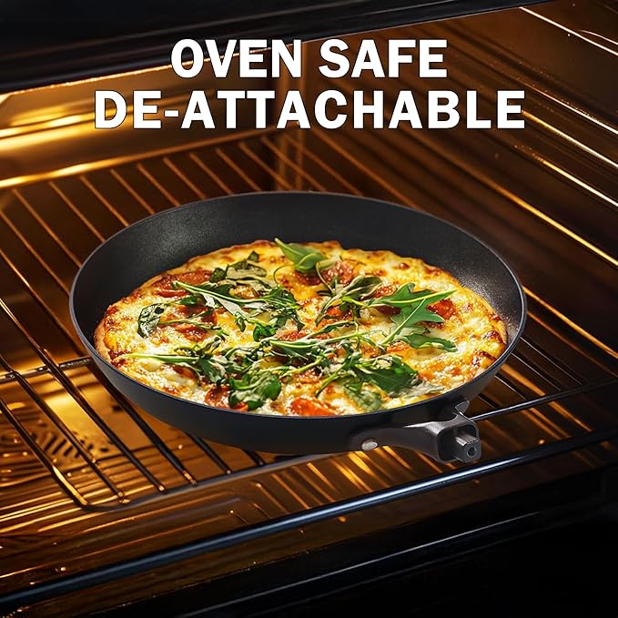 DM Cast Iron Skillet, 2 Piece Nonstick Frying Pan Set, 10 and 12 Inch with Detachable Acacia Wooden Handle, Honeycomb Non stick Omelet Egg Pan, Easy Clean Oven Safe Pans for Cooking