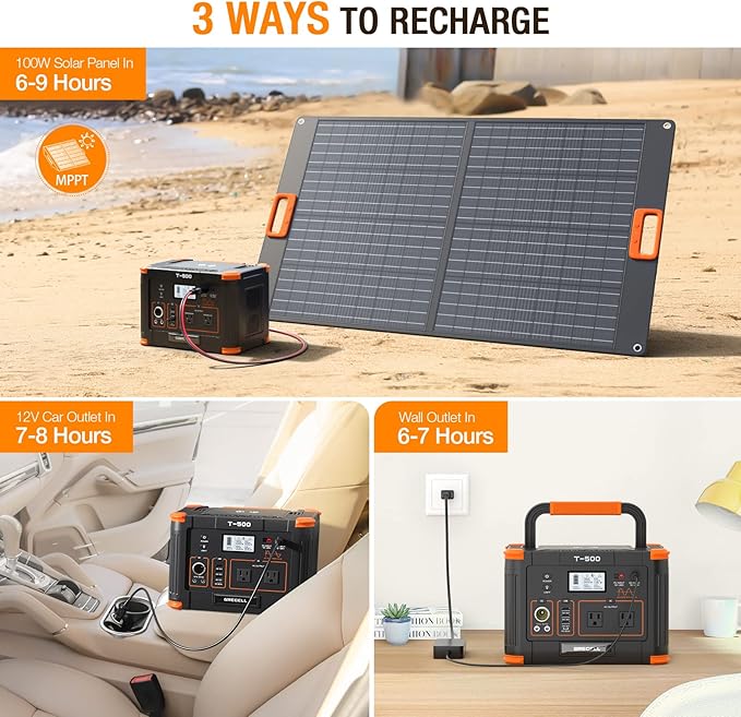500W Portable Power Station with 100W Solar Panels 519Wh Solar Generator Outdoor Backup Lithium Battery Pack Power Supply with AC Outlet 110V for Tent Camping Home Emergency Traveling RV Trip