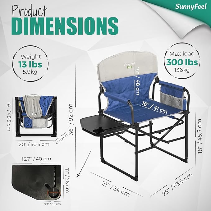 SUNNYFEEL Oversized Camping Directors Chair, Portable Folding Lawn Chairs for Adults Heavy Duty with Side Table,Pocket for Beach, Fishing,Picnic,Concert,Tailgating, Outdoor Foldable Camp Chair