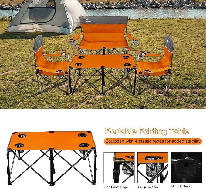 Camping Chair Set of 3, Outdoor Folding Camping Chairs for Heavy People with Cup Holder & Carry Bag,Collapsible Chair Include One Sofa Chair and Two Single Chair,Support up to 500lbs