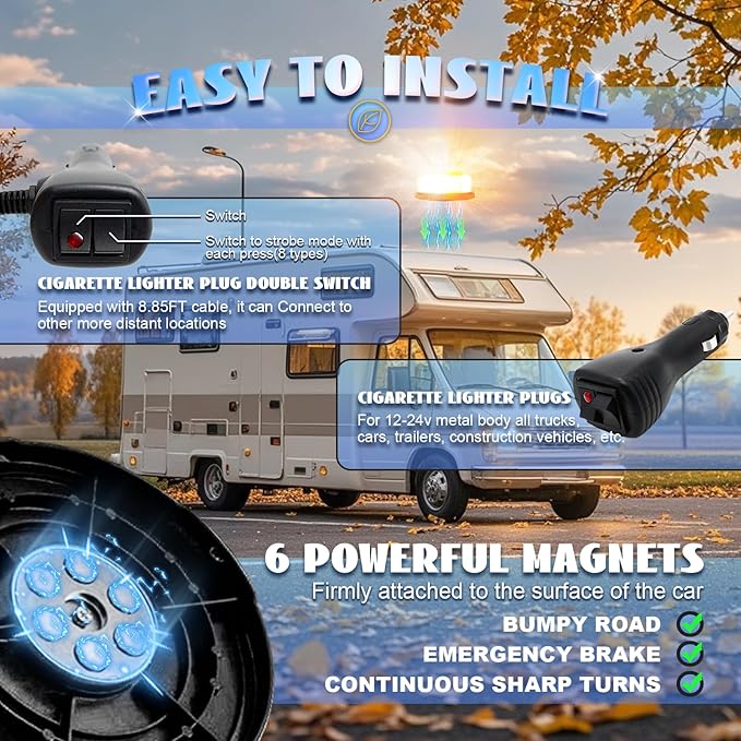 7" Magnetic Beacon Light, Emergency Lights for Vehicles, LED Rooftop Rotating Beacon Light, Amber-White Caution Hazard Beacon Magnetic Strobe Lights for Trucks Tractor Forklifts Boat Car