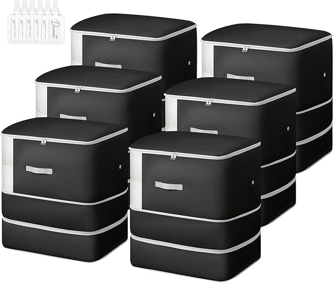 Comforter Storage Bag - 130L Large Capacity Blanket Storage Bags 3-Layer Ultra Space Saving Self Compression Organizer, Washable Compression Bags for Storage Comforter Blanket, 6-Pack, Black