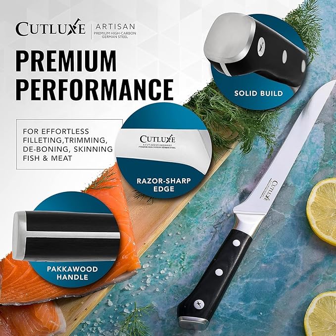Cutluxe BBQ Carving Knife Set – Brisket Slicing and Boning Knife for Meat Cutting – Professional Knife with Razor Sharp German Steel, Full Tang, Ergonomic Handles – Artisan Series