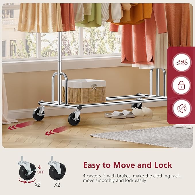 Tajsoon Heavy Duty Clothes Rack Foldable Garment Rack with Wheels and Extendable Rod, Freestanding Clothing Rack for Hanging Clothes, Adjustable ＆ Collapsible Rolling Racks with Bottom Shelf, Chrome