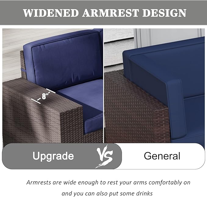 LayinSun 7 Pieces Outdoor Patio Furniture Set with 44" Fire Pit Table Brown Rattan Sectional Sofa Conversation Sets