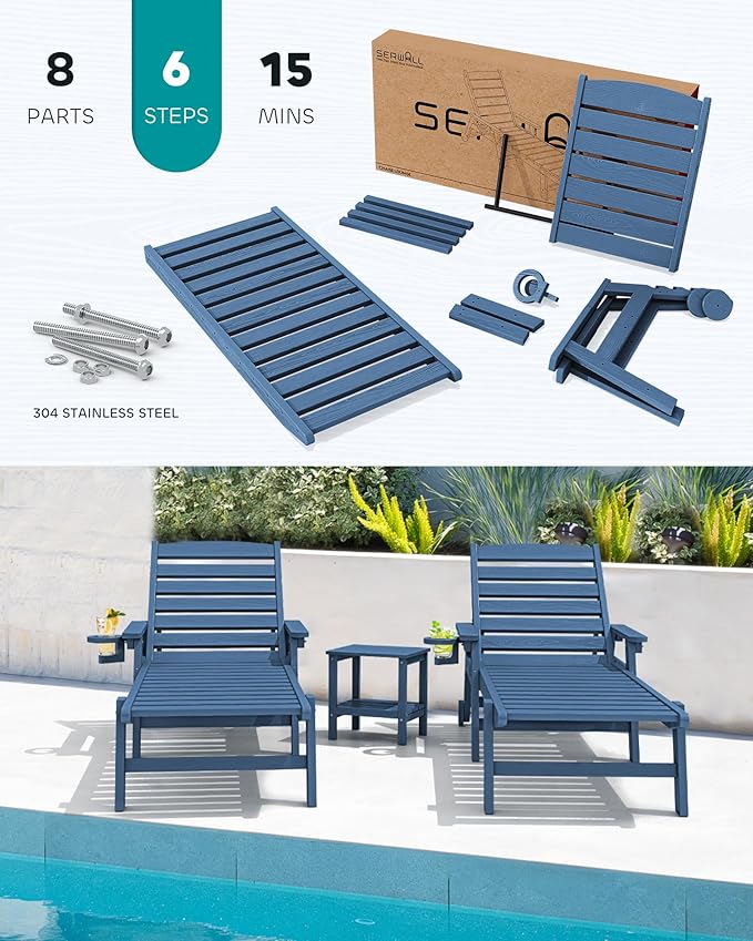 SERWALL Patio Chaise Lounge Chair Set of 2, 78'' Long 5-Positions Adjustable HDPE Outdoor Lounge Chair for Pool, Poly Lounge Chair with Rolling Wheels & Cup Holder for Poolside, Deck, Blue