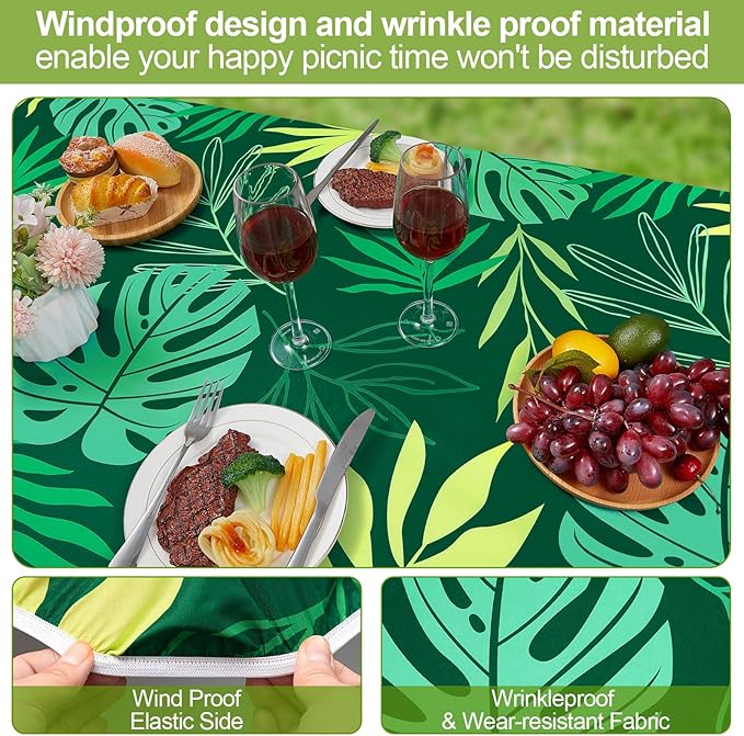 Picnic Table Cover with Bench Covers Camping Essentials Waterproof Windproof Camping Tablecloth with Drawstring Bag, Fitted Rectangle Tables and Seats, 96in, Dark Green