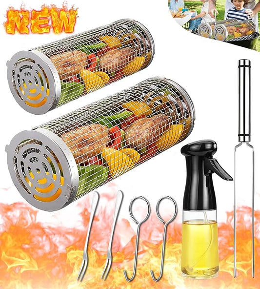 Rolling Grilling Basket Veggies Grill Accessories Bbq Net Tube Tools Set Barbecue Cage Outdoor Flat Top Pellet Electric Camping Cooking Picnic Gear Must Haves Essentials Gadgets Basket for Vegetable