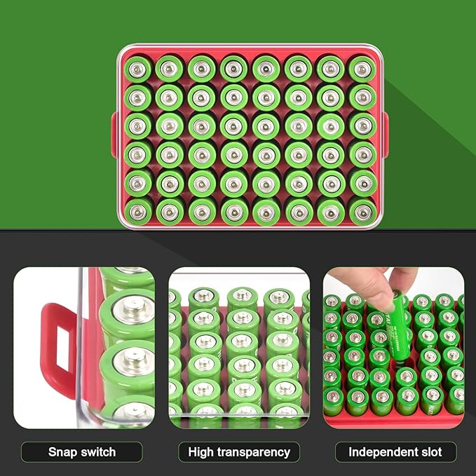 ALCYON Battery Organizer Storage Case, Small Battery Vault Box Container for 48pcs AA Batteries, Plastic Clear Protective Battery Holder for Travelling/Home/Office (Red, Large)