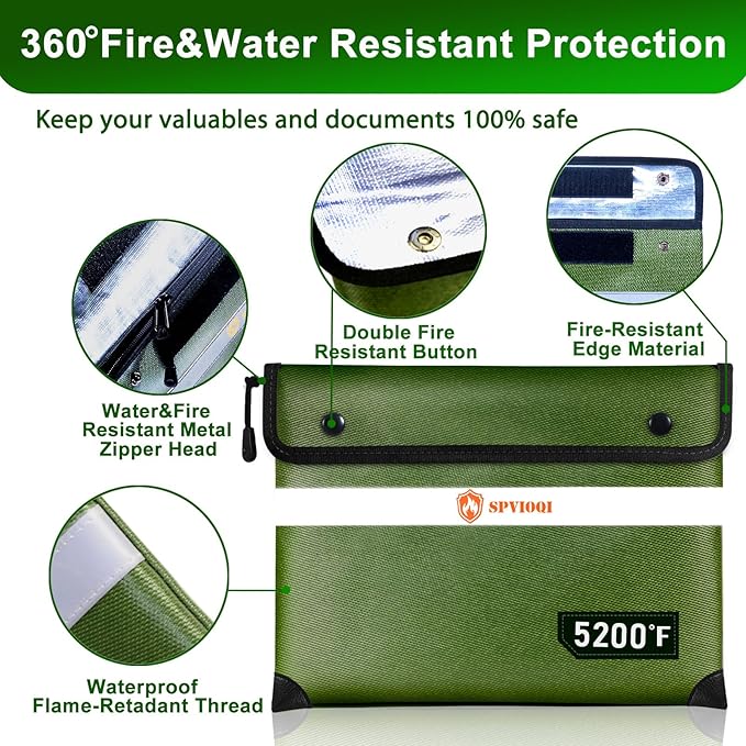 Upgraded Fireproof Document Bag 5200°F -Heat Insulated, Water Fire Proof Bag with Zipper, 8 Layers of Functional Materials, 14.2 X 11” Fire Proof Money Bag for Cash, Important Documents and Valuables
