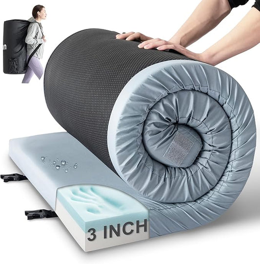 Kingfun Memory Foam Camping Sleeping Pad, CertiPUR-US Camping Mattress Waterproof Roll Up Mattress Guest Bed, Thick Floor Sleeping Mat for Car for Adults with Travel Bag