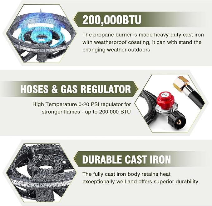 Bestfire 13" Single Propane Burner Stove 90,000 BTU Cast Iron Portable Outdoor Burner with 0-20 PSI Adjustable Regulator and Stainless Steel Hose Perfect for Outdoor Wok Cooking