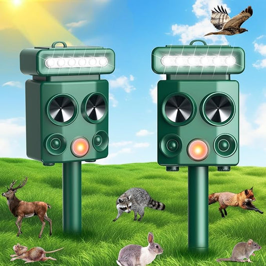 Solar Ultrasonic Animal Repeller with Motion Detection&LED Strobe Light, 2Pcs Deer Deterrent Devices Outdoor to Repel Dog Squirrel Rabbit Raccoon Repellent for Farm