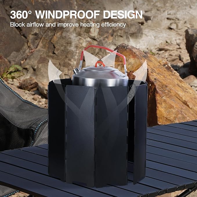 REDCAMP 9.5" High Folding Outdoor Stove Windscreen, 10 Plates Aluminum Camping Stove Windshield with Carrying bag, Lightweight Butane Burner Windshield, Black