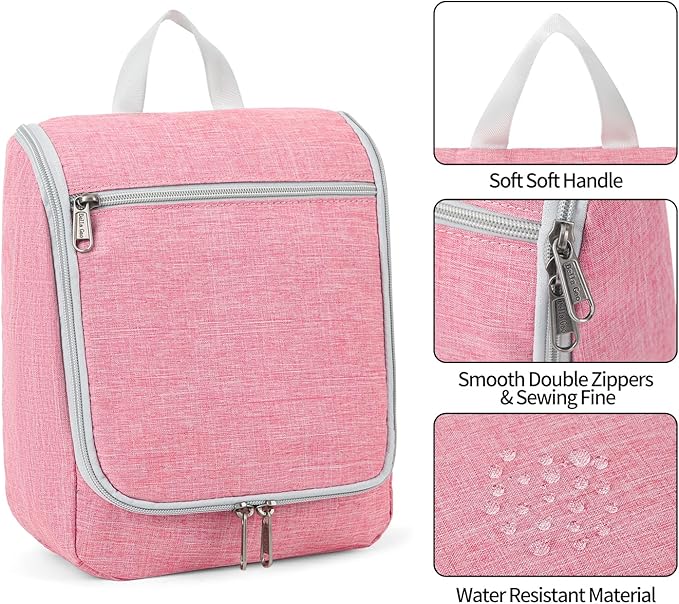 Della Gao Hanging Travel Toiletry bag for Women, Water-resistant Durable Nylon Toiletries Organizer for Cosmetics, Makeup Brushes, Bathroom Bag, Pink