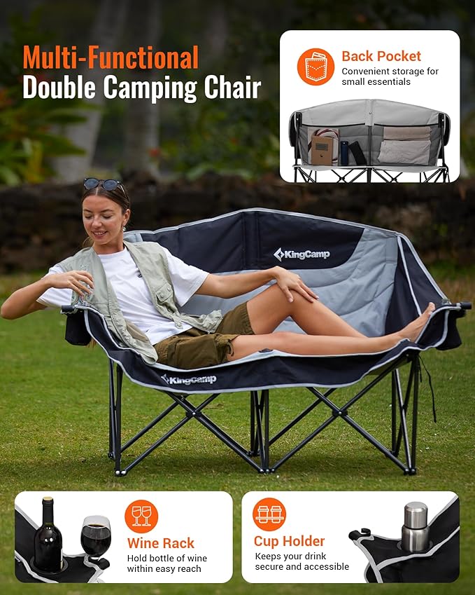 KingCamp Double Camping Chair, Oversized Heavy Duty Loveseat for Adults Portable Folding XL 2 Person Couch Padded Comfortable Two Seat with Cup Holder for Outdoor Lawn Backyard