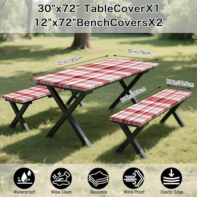 Red Picnic Table Cover with Bench Covers, 3 Pcs Waterproof Elastic Picnic Table Cover Outdoor Camping Essentials, Windproof Fitted Tablecloth for Camping, Indoor, Outdoor (Plaid, 60X30 Inch)