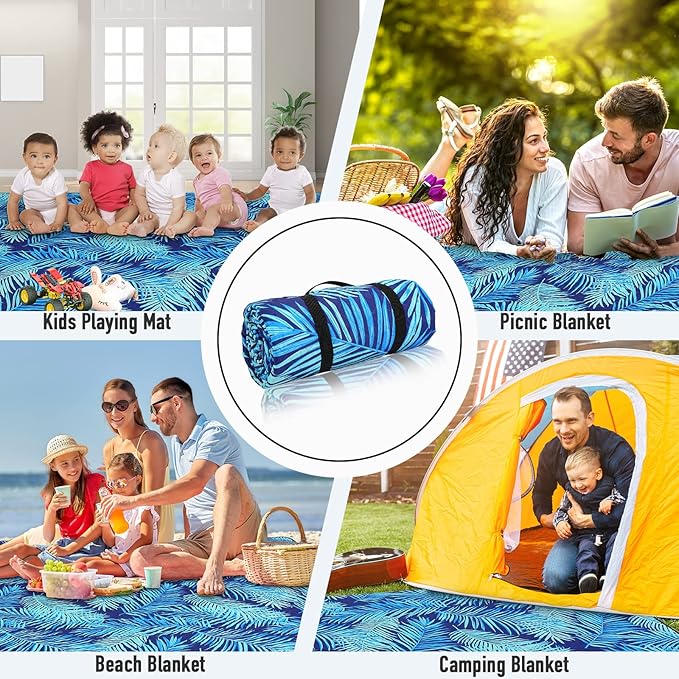 PY SUPER MODE Picnic Blankets Extra Large, Waterproof Foldable Outdoor Beach Blanket Oversized 83x79” Sandproof, 3-Layer Picnic Mat for Camping, Hiking, Travel, Park, Concerts(Blue Leaves)