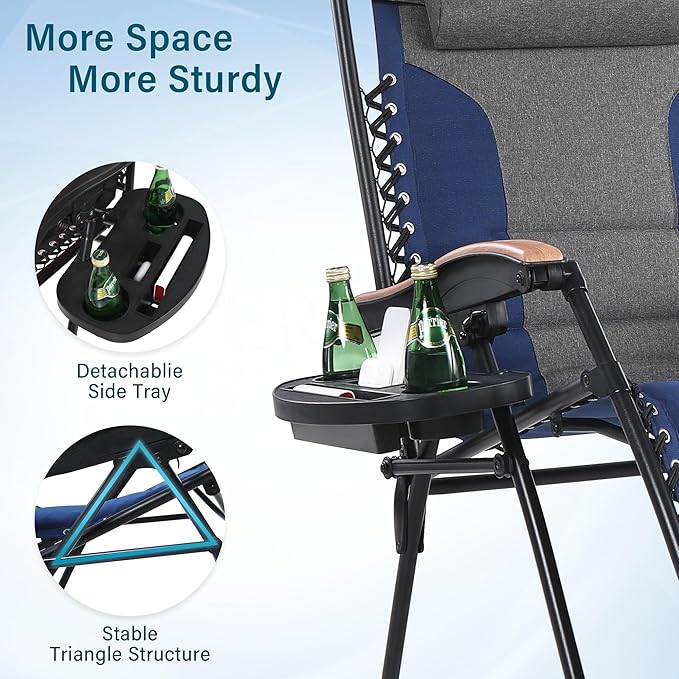 MFSTUDIO Zero Gravity Chairs, Oversized Patio Recliner Chair, Padded Folding Lawn Chair with Cup Holder Tray, Support 400lbs, Cyan