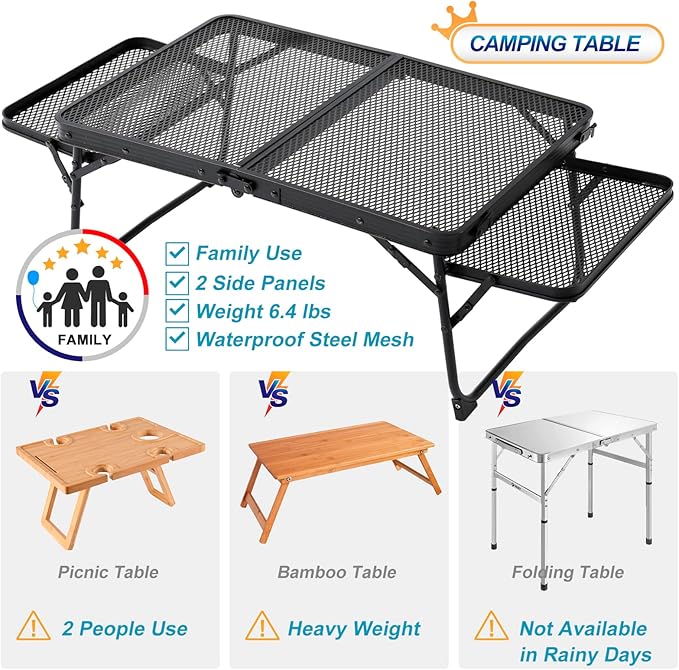 Small Low Camping Table with 2 Wing Panels, Folding Low Picnic & Outdoor Table with 2 Shelves, Lightweight & Easy Carry for Beach, Fishing, Sturdy Steel Mesh Top (3 FT, Black)