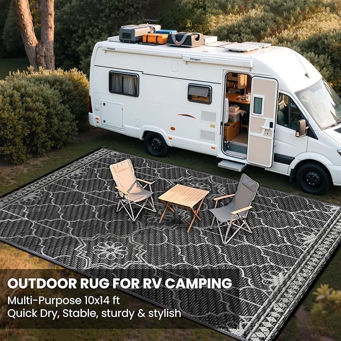 Outdoor Rug 10x14Ft, Waterproof Outdoor Patio Rug for House Deck Reversible Plastic Straw Mat for RV Camping Picnic Beach Balcony (Black Gray)